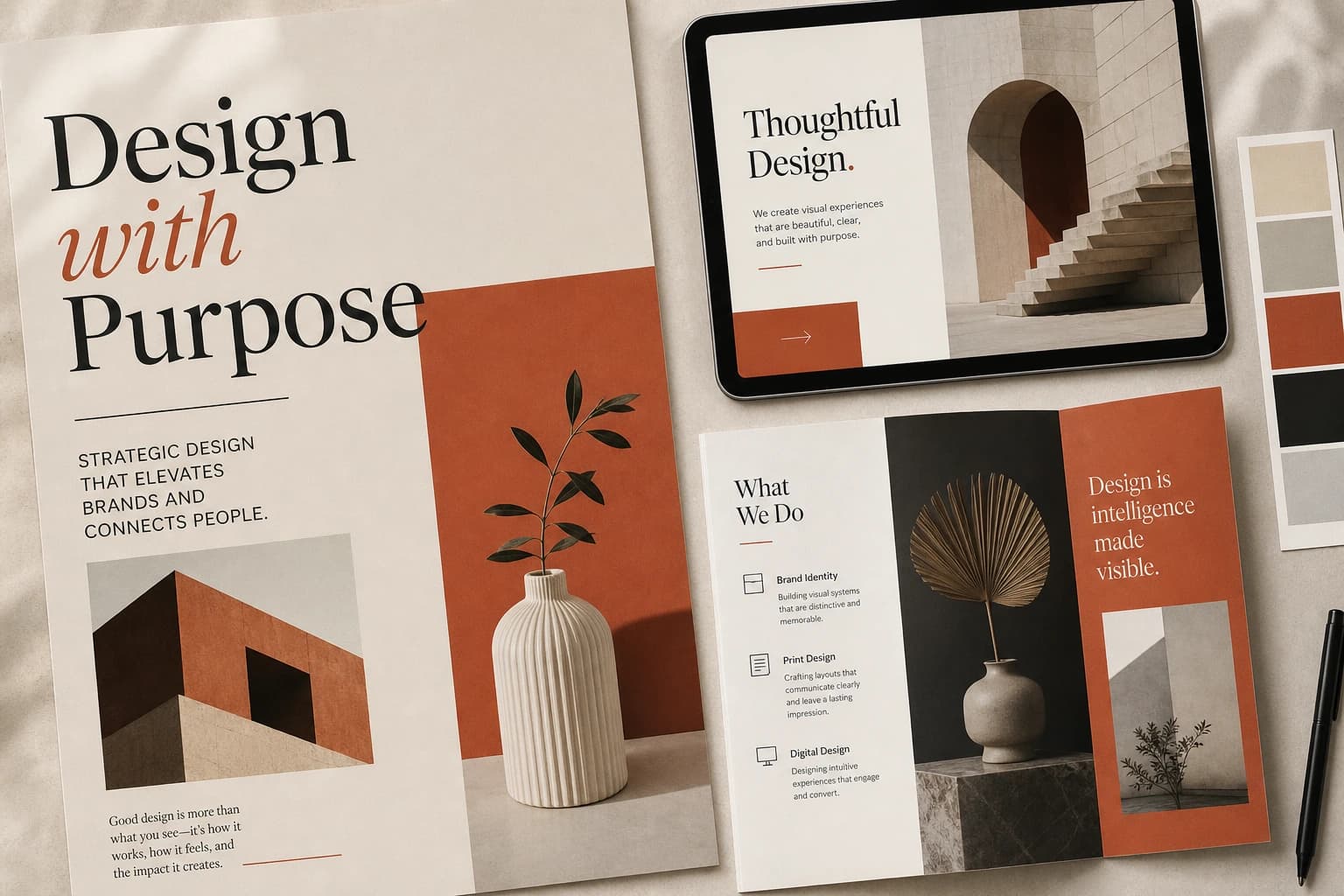 2D graphic design presentation with posters, tablet mockup and brand swatches