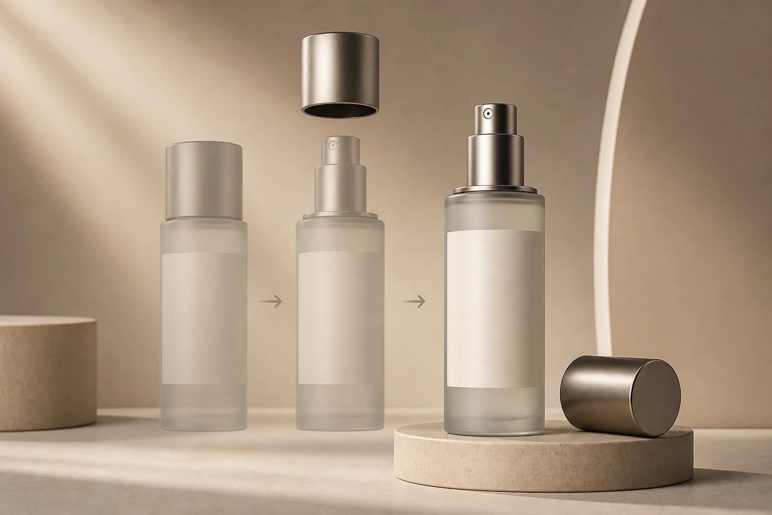 3D animation key visual showing a premium bottle through a motion sequence