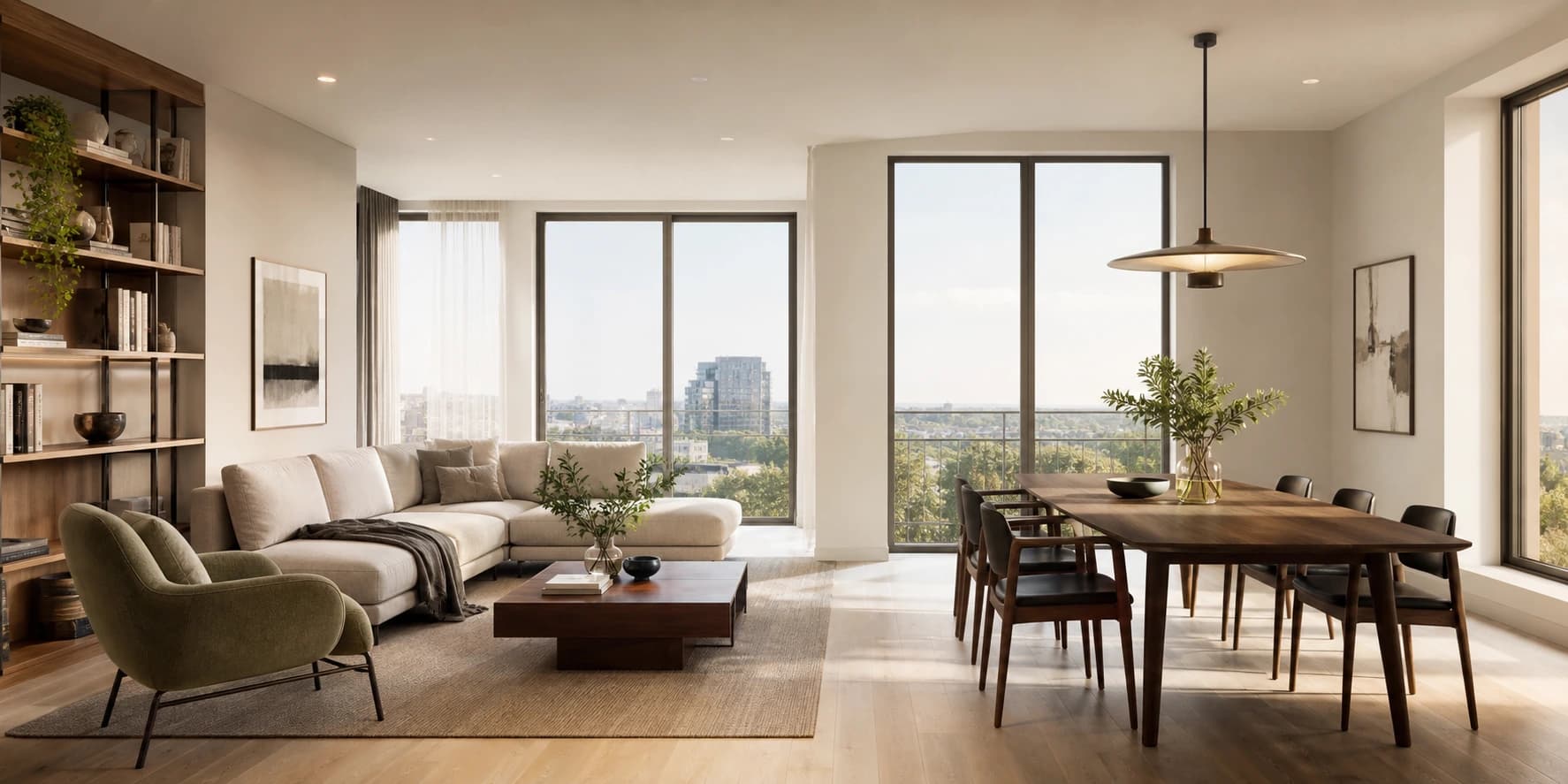 Architectural visualization of a bright modern interior living and dining space