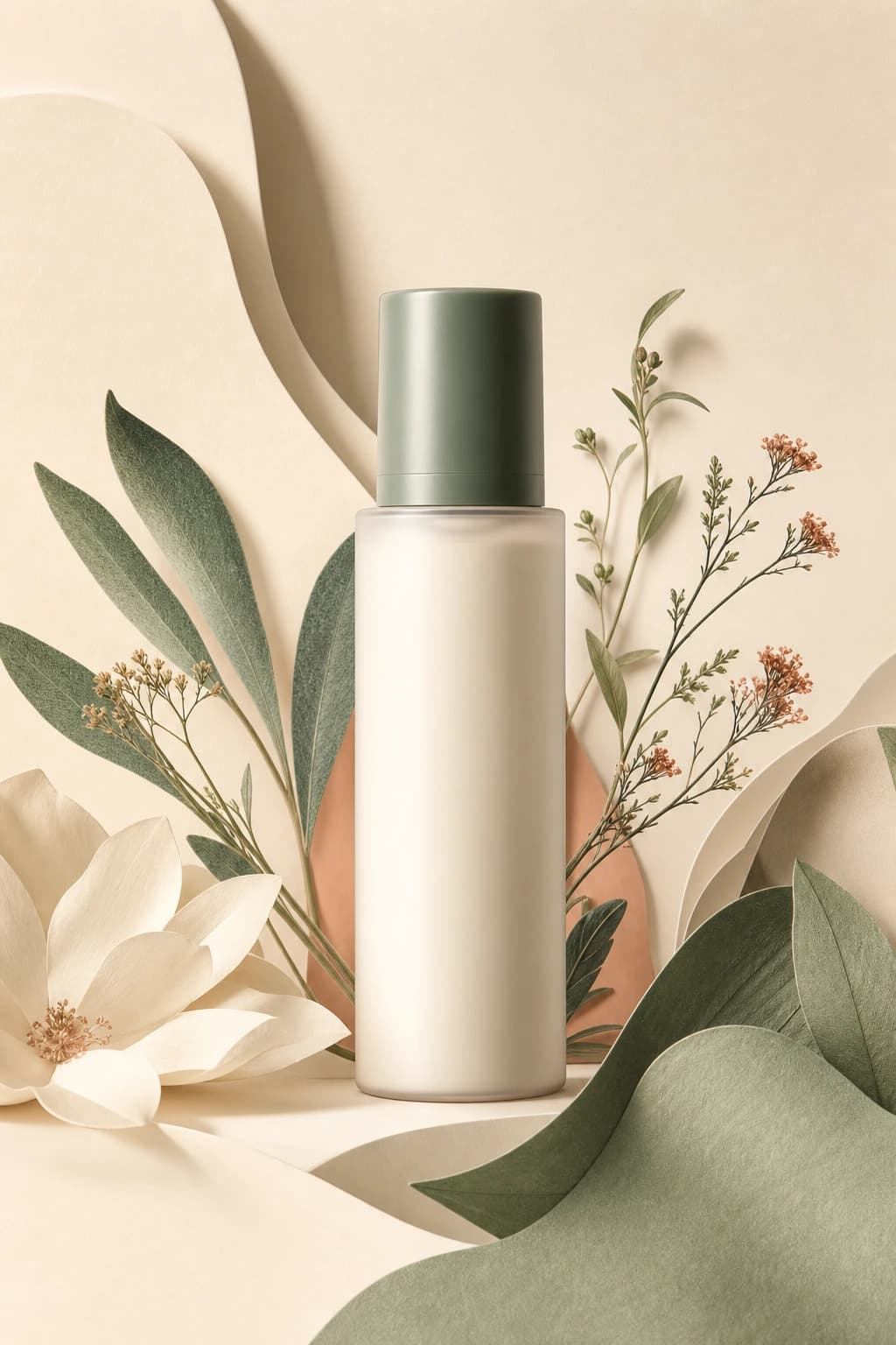Illustration and compositing visual built around a premium cosmetic product and botanical layers