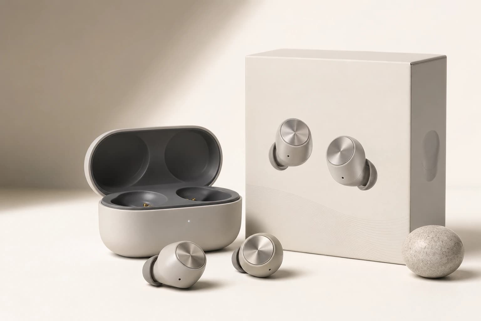 Commercial product visualization featuring earbuds, packaging and studio lighting
